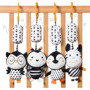 Nouvelhorizonstore-Jouet Poussette B&eacute;b&eacute; 0 3 6 9 12 Mois, Jouet Hochet &Agrave; Suspendre Pour Berceau Si&egrave;ge Auto - 4 Pi&egrave;ces Animaux Noir Blanc Hochet Cadeau Nouveau-N&eacute; Bambin - Neuf