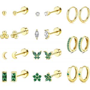11 Paires Boucles D'oreilles Femme Or/Argent Bijoux Acier Inoxydable Femme Boucles D¿Oreilles Huggie Cartilage Cz Vert Boucles D¿Oreilles Creoles Or Pour Le Piercing Oreille Multiple.[X2522] - Neuf