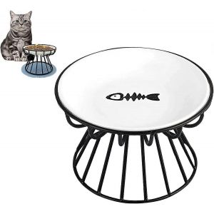 Gamelle Sur&eacute;lev&eacute;e Anti-Vomissements Pour Chat, Gamelle Sur&eacute;lev&eacute;e En C&eacute;ramique Avec Support En M&eacute;tal, Gamelle Peu Profonde Anti-Vomissements Pour Chat, Nourriture Et Eau, Assiette &Agrave; Poisson - Neuf