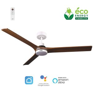 Fanelite - Ventilateur de plafond 142 cm blanc et bois ARUBA - Moteur DC 35W - LED 20W dimmable 3 couleurs - Wifi - Silencieux - Neuf