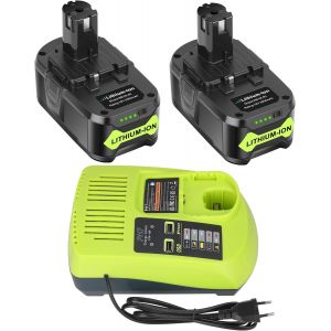 MEVRONISSHOP-2X 18V 5,5Ah P108 Batterie de Remplacement pour Ryobi 18V Batterie + 3A Chargeur 12V-18V pour Ryobi Chargeur P117 pour Ryobi Batterie P108 P107 P105 RB18L40 RB18L50 avec Indicateur LED - Neuf