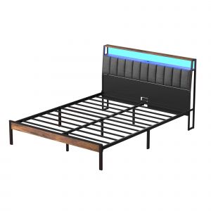 Cadre de lit 160 x 200 avec Base en m&eacute;tal, lit 2 Personnes, avec lumi&egrave;res LED et Prises Multiples (1 Prise AC, 2 Ports USB), avec casier, Hauteur 26,5 cm - Neuf