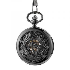 Antique Mécanique Montres De Poche Pour Les Hommes, Lucky Dragon Phoenix Montre De Poche Avec Chaîne, Noir Squelette Cadran, Chiffres Romains, Père Et Du Jour De L'halloween Cadeaux - Neuf