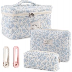 MAA-Trousse de Toilette 3 Pièces Grande Trousse a Maquillage Femme Orchidée Blanche Fleurie en Coton Doux Vanity Femme Portable Pochette Matelassée Trousse Cosmétique de Voyage - Neuf