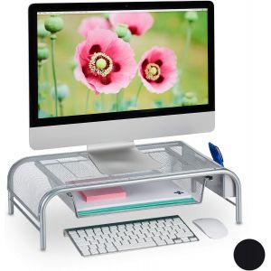 TUHU-Support Pour Moniteur,Tiroir,2 Compartiments Côté,Support Écran Hxlxp: 15 X 51 X 29,5Cm,Argenté - Neuf