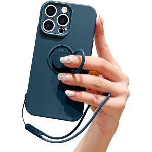 KAL-Compatible Avec Iphone 16 Pro Coque En Silicone Liquide Avec Anneau De Support B&eacute;quille Support De Voiture Magn&eacute;tique Dragonne D&eacute;tachable Antichoc Housse De Protection Souple-Bleu - Neuf