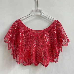 Châle De Fête À Paillettes Pour Femmes, Manteau Court Et Fin D'été, Col En V, Transparent, En Forme De Feuille De Gaze, Capelet Perlé Brodé, Cape Scintillante-Rouge - Neuf