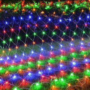 KAL-Guirlande Lumineuse À 96 Led - Filet Lumineux Étanche À Piles - Rideau Lumineux Décoratif - Lumière De Noël - Rideau De Terrasse - Pour Sapin De Noël, Pelouse, Buissons (Multicolore, 1,5 X 1,5 - Neuf
