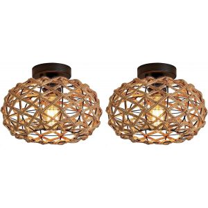 KAL-Lot De 2 Plafonnier Vintage Industrielle E27 Lampe De Plafond Rétro Ø25Cm Abat-Jour Cage En Métal Et Corde De Chanvre Luminaire Plafonnier Pour Salon Chambre Cuisine Loft - Neuf