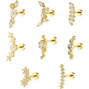 Chenquansarl-Lot De 8 Piercings Helix 16g En Acier M&eacute;dical Dor&eacute; Pour Femme, Boucles D'oreilles Pour Tragus, Opale Cz, En Forme De Feuille, Clous D'oreilles Conques, Piercings Plats Tragus - Neuf