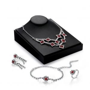 Ensemble De Bijoux &Eacute;l&eacute;gantes Pour Femmes G&eacute;om&eacute;trique Rouge Strass Pendentif Collier Boucles D'oreilles Bracelet Bague - Neuf