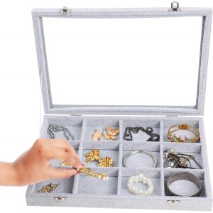 Coffret à bijoux en velours gris à 12 compartiments avec couvercle en verre ¿ Coffret à bijoux empilable et modulable - Neuf
