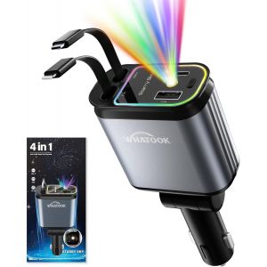 4-In-1 Retractable Car Charger: 66w Usb-C/Usb-A Quick Charge For 4 Devices &iquest; Built-In Cables And Starry Sky Lighting, Ideal For Iphone, Samsung, Pixel, Travel Or Work - Neuf