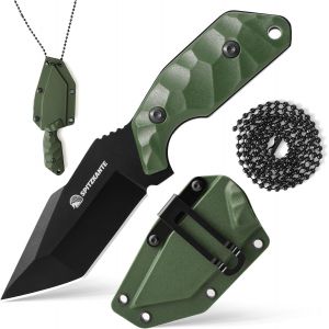 Petit Couteau De Cou X-Tan-K,Lame Tanto De 7,8 Cm En Acier 5cr14mov,Couteau Edc Outdoor Fixe,Avec Fourreau Abs,Chaîne À Billes,Lame Noire + Manche Vert - Neuf