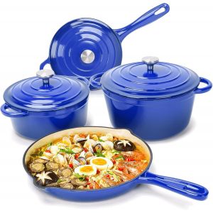 Jexnovashop-Batterie De Cuisine En Fonte &Eacute;maill&eacute;e &iquest; 7 Pi&egrave;ces Avec Four Hollandais, Po&ecirc;le &Agrave; Frire, Casserole &Agrave; Sauce Avec 3 Couvercles, Kit De Four Hollandais Pour Tous Les Types De Feux, Marmite &Agrave; Pa - Neuf