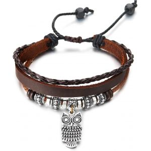 Kal-Brun Multi-Brin Cuir Bracelet, Chouette Et Perle Charmes, Tressé Coton Sangles, Pour Homme Femme - Neuf