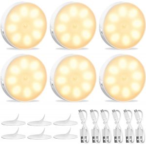 Eryi-Veilleuse, Lot De 6 Lampe Led Automatique Rechargeable Par Usb, Veilleuse Led À Induction 6000k 8 Leds Jaune Chaud, Veilleuse Détecteur De Mouvement Intérieur, Auto/On/Off, Pour Couloir Escalier - Neuf