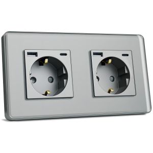 Prise Schuko Avec Interface De Charge Rapide Usb De 20 W (Max 4 A), Standard De L'Ue, 2 Compartiments Encastr&eacute;s Avec Plaque En Verre Incurv&eacute; 2,5D, Prises Murales Grises 86 X 157 Mm[DYB983829] - Neuf