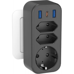 Multiprise de Voyage avec PD20W USB C Charge Rapide 5 en 1 multiprise avec 3 USB multiprise de Distribution avec 1,4m de c&acirc;ble d'extension enroul&eacute; 2500 Watt, Blanc - Neuf