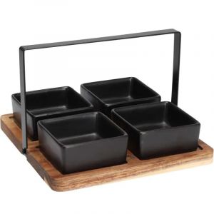Ensemble Plats Service Acacia 20x20cm + 4 Bols Gr&egrave;s Noir 8x8cm - Neuf