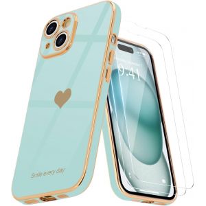 Eryi-Coque Pour Iphone 15 Plus En Silicone Galvanisé Or Ultra Mince Avec Motif Coeur D'amour Mignon Housse Étui De Protection Complète Du Corps Antichoc Pour Iphone 15 Plus, Perle Aqua - Neuf