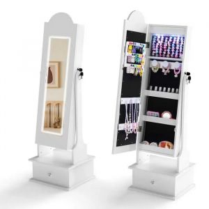 COSTWAY Armoire &agrave; Bijoux pour Enfants avec Miroir - 4 Lumi&egrave;res Int&eacute;rieures & 2 Angles d'Inclinaison 34 x 30 x 113 cm Blanc - Neuf