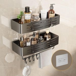 Etagere Douche Sans Percage, 2 Pi&egrave;Ces Etagere Salle De Bain avec Porte Serviettes et Crochets Auto Adh&eacute;Sif Rangement et Organisation de La Salle de Bain Support Gel Douche Salle de Bain(Gris) - Neuf