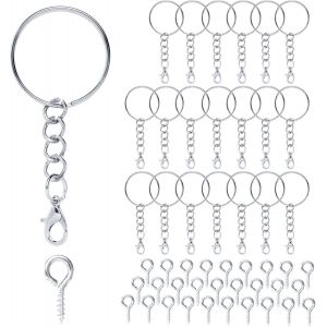 KALANKA-35 Pi&egrave;ces Anneau Porte Chainette Porte Cl&eacute; Attache Porte avec Cha&icirc;ne 25 mm Attache Porte Split Porte Clef Anneaux pour DIY Bricolage Bijoux Support Porte Cl&eacute; Sacs D&eacute;cor (Argent) - Neuf