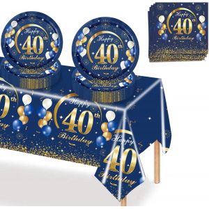 37 Pièces Anniversaire Vaisselle Lot,Bleu Or Anniversaire 40 Fête Vaisselle,Kit Vaisselles Comprendre Papier Assiette Serviette Nappe,Decoration Anniversaire 40 Ans Pour 16 Invités - Neuf