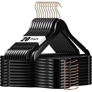 MEVRONISSHOP-Lot de 20 Cintres en Bois Massif Solide Premium Cintres antid&eacute;rapants encoches d'&eacute;paule avec Crochet pivotant &agrave; 360&deg; Or Rose pour Costume Manteau, Chemise, Pantalons, Jupes, Noir - Neuf