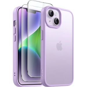 TRAHOO-3 en 1 Coque Mat pour iPhone 14 6,1 Pouces avec Lot de 2 Films de Protection D'&eacute;cran en Verre Tremp&eacute;, &Eacute;tui Housse de T&eacute;l&eacute;phone Antichoc Givr&eacute;e Translucide (Violet Clair) - Neuf
