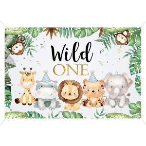Wild One Birthday Happy Background Toile de Fond Photographie thème Jungle éléphant Lion bannière Premier Anniversaire d'enfant Animaux Sauvage Une Toiles de Fond(180x110cm) - Neuf