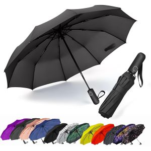 Parapluie De Voyage Compact Coupe-Vent - Parapluie Automatique Pour La Pluie - Petit Parapluie Portable Coupe-Vent Pour Homme, Femme, Adolescent (Pois Blancs) - Neuf