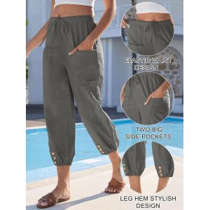 Pantalon Lin Femme &Eacute;t&eacute; Pantalon Femme Taille Elastique 7/8 Large Pantalons Pour Femmes Coton Taille Haute Pantacourt Ample Pants D&eacute;contract&eacute; R&eacute;tro L&eacute;ger Avec Poches Sport Jogging Plage Yoga - Neuf