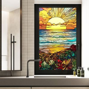 Film décoratif électrostatique givré peint au lever du soleil 45 x 100 cm, film de confidentialité non adhésif, film pour vitrail, pour porte de douche, salle de bain, anti-chaleur et anti-UV (BL146) - Neuf