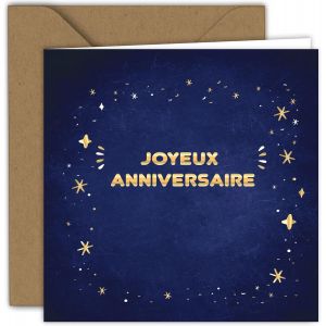 Mevronisshop-Carte De V?Ux D'anniversaire Avec Enveloppe, Happy Birthday, Carte D'anniversaire Pour Homme Et Femme, Bleu, Or | Carte Pli&eacute;e (15x15 Cm) &iquest; Avec Enveloppe Kraft &iquest; Int&eacute;rieur Vierge - Neuf