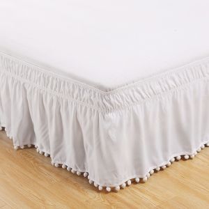 (Blanc, 153 X 203 Cm + 40 Cm) Jupe De Lit Élastique Élégante Et Confortable Avec Franges Et Pompons Sur Le Dessus - Infroissable - Hauteur Élevée - Neuf