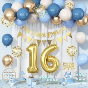 Ayuhr-Décorations De 50e Anniversaire Pour Homme Et Femme, Bleu Poussiéreux, Crème, Blanc, Or, Bannière « Happy 50th Birthday » Et Décoration De Gâteau En Forme De Chiffre 50 Pour Lui, Elle, Cinquant - Neuf