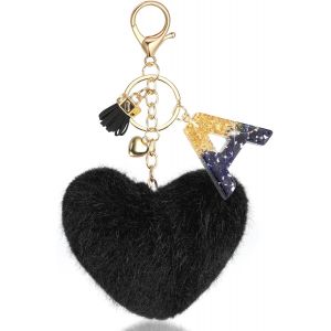 KAL-C?ur Pom Pom Porte-Cl&eacute;s, Peluche Porte-Cl&eacute;s Pour Femmes Sac &Agrave; Dos Bourse Clef De Voiture Sac, Avec R&eacute;sine Nom Lettre A Noir - Neuf