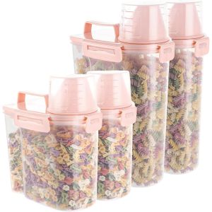 Lot De 4 Réservoir Stockage Céréales 3l Et 1.7 L,Conteneurs Stockage Céréales Avec Verre Doseur,Boîte De Rangement Hermétique Pour Céréales,Farine,Nourriture Sèche-Rose - Neuf