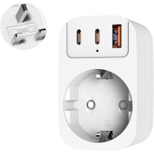 KALANKA-Adaptateur Prise Anglaise, 4 en 1 Adaptateur Voyage France vers UK avec 2 USB C et Type A, Portable Adaptateur Type G pour Irlande, Malaisie, Singapour, HK, Duba&iuml;, Malte(Blanc) - Neuf