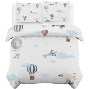 Ulteronixshop-Montgolfi&egrave;re Housse De Couette 140x200 Avion Parure De Lit Pour Enfant Avec Fermeture &Eacute;clair, Housse De Couette 1 Personne Imprim&eacute;e En Microfibre Avec 2 Taie D'oreiller 65x65 Cm - Neuf