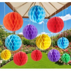 Cmjaagur-Lot De 12 Pompons En Papier Arc-En-Ciel En Nid D'abeille, D&eacute;coration De F&ecirc;te D'anniversaire, Pompons &Agrave; Suspendre, Boules Multicolores En Papier De Soie Pour No&euml;l, Anniversaire, Mari[M833] - Neuf