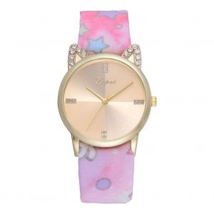 Montre-Bracelet A Quartz Lvpai P818 Pour Femme Avec Bracelet En Tissu Et Strass Et Oreilles De Chat (Rose) - Neuf