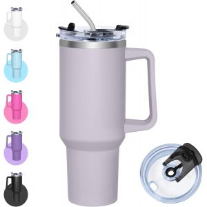 Eryi-Mug Isotherme Avec Paille, 1200ml Gourde Isotherme Avec Couvercle Multifonction, Tasse En Acier Inoxydable, Gobelet Café À Emporter Avec Poignée, Thermo Tumbler (Lilas) - Neuf