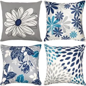 4 Housses de Coussin Decoratives Bleues et Grises 18x18 Pouces Motif Fleuri pour Canape Salon - Neuf