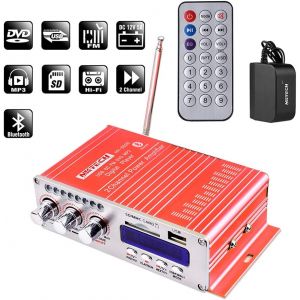 VornixorSarlshop-3A Power Adapter HY-502S 3.5mm FM/MP3/USB/SD/DVD Audio Speaker Car Bluetooth Digital Amplificateur HiFi Bass High-Power 2-Canal 20W x 2 RMS Player Rouge et T&eacute;l&eacute;commande - Neuf