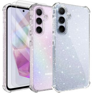 JGD-3 en 1 Coque pour Samsung Galaxy A35 5G, avec 2 Pi&egrave;ces Verre Tremp&eacute; Protection &Eacute;cran, Clair Housse &agrave; Glitter en Mince Silicone Souple &Eacute;tui Antichoc Case Transparente Cover - Neuf