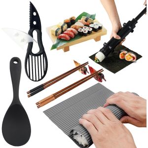 Mevronisshop-8 Pi&egrave;ces Machine &Agrave; Fabriquer Des Sushis,Kit Sushi Maki Complet,Kit &Agrave; Sushi Bazooka Pour D&eacute;butants,Avec Tapis &Agrave; Sushi,Bazooka,Couteau,Repose-Baguettes,Baguettes Cuill&egrave;re &Agrave; Riz - Neuf
