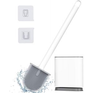 KGABERY-Brosse Wc Silicone,Brosse Toilettes Wc Suspendu En Silicone,Ensemble De Balayette Wc À Séchage Rapide Avec Long Manche,Balai Wc Montage Mural/Au Sol,Blanc - Neuf
